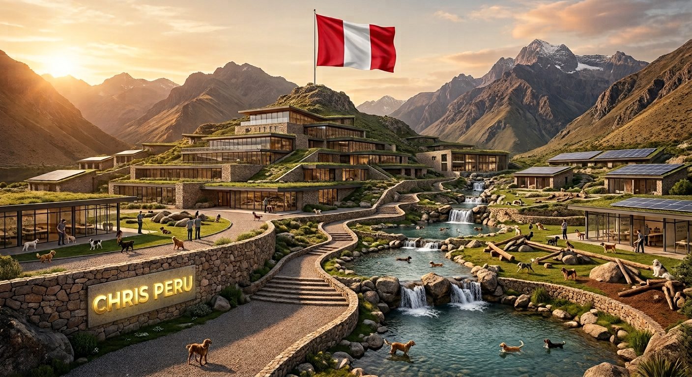 The Chris Peru dog sanctuary: terraced stone buildings, waterfalls and pools full of playing dogs, beneath the Andes and the Peruvian flag